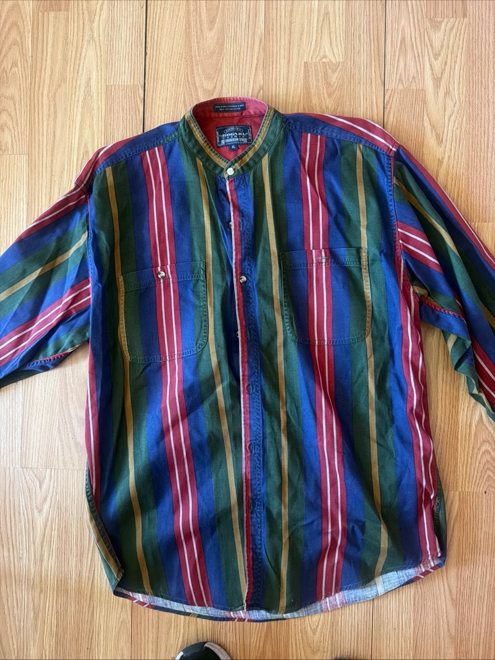 Bogari Studio Men's vintage Multi Color Striped Banded Collar Cotton Shirt XL - Picture 6 of 9